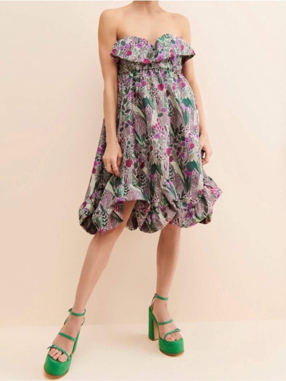 Anna Sui Purple and Green Floral Strapless Jacquard Dress